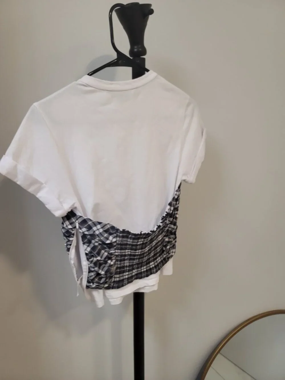 Veronica Beard Plaid Corset Tee XS White Ruched Bust Top - Picture 4 of 5
